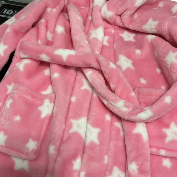 Girl hooded tie bath robe light pink stars soft warm fleece size 120 size 4T / 5 - Picture 3 of 4